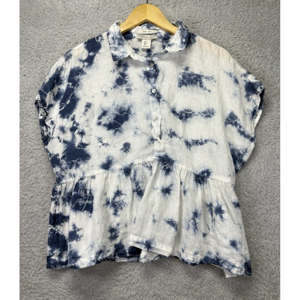 Rachel Zoe Tie Dye Linen Top Oversized Peplum Blouse Large Boxy Boho Collared